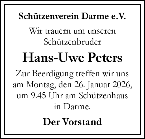 Traueranzeige von Hans-Uwe Peters von Neue Osnabrücker Zeitung GmbH & Co. KG