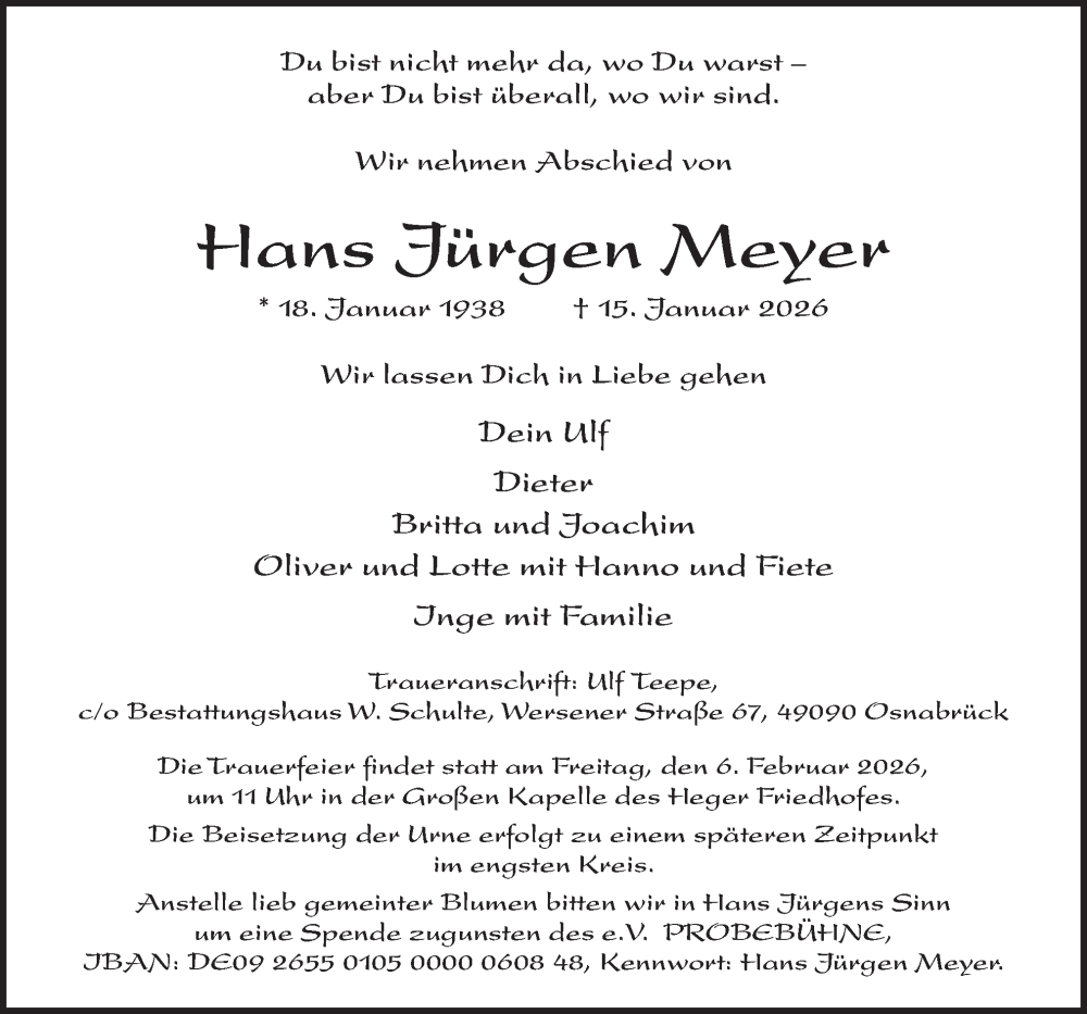  Traueranzeige für Hans Jürgen Meyer vom 31.01.2026 aus Neue Osnabrücker Zeitung GmbH & Co. KG