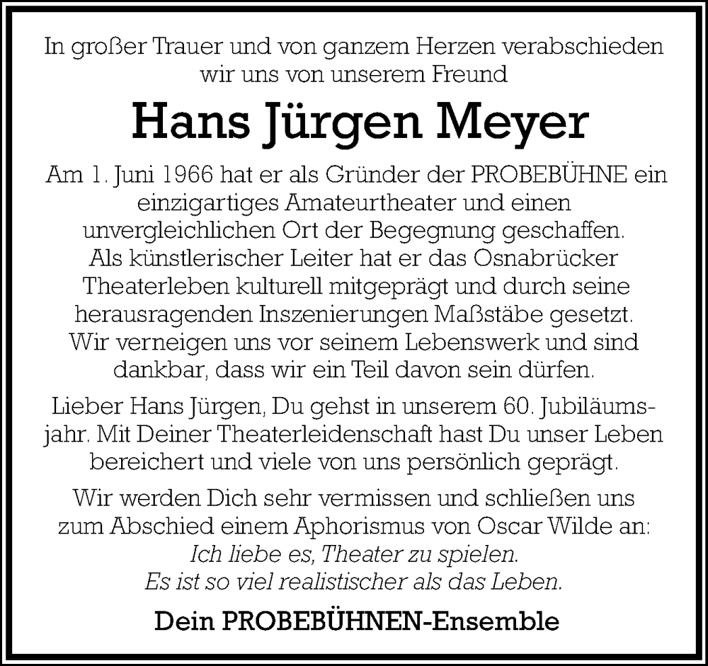  Traueranzeige für Hans Jürgen Meyer vom 31.01.2026 aus Neue Osnabrücker Zeitung GmbH & Co. KG