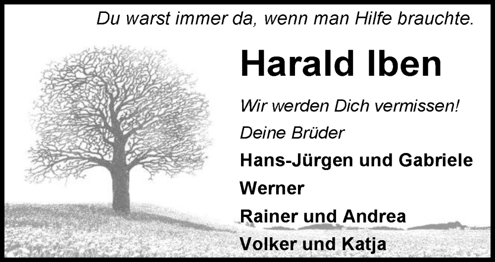  Traueranzeige für Harald Iben vom 09.01.2026 aus DK Medien GmbH & Co. KG
