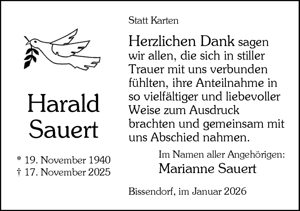  Traueranzeige für Harald Sauert vom 03.01.2026 aus Neue Osnabrücker Zeitung GmbH & Co. KG