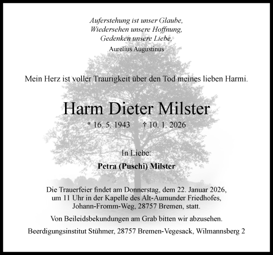 Traueranzeige von Harm Dieter Milster von DK Medien GmbH & Co. KG