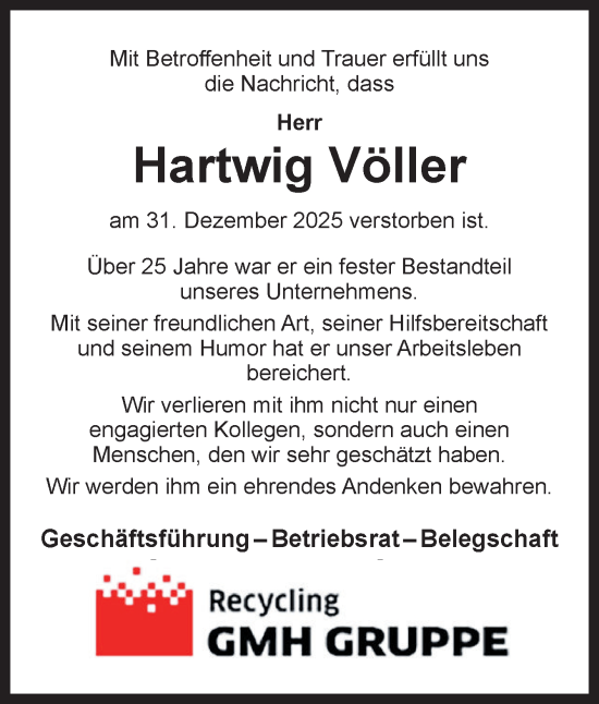 Traueranzeige von Hartwig Völler von Neue Osnabrücker Zeitung GmbH & Co. KG