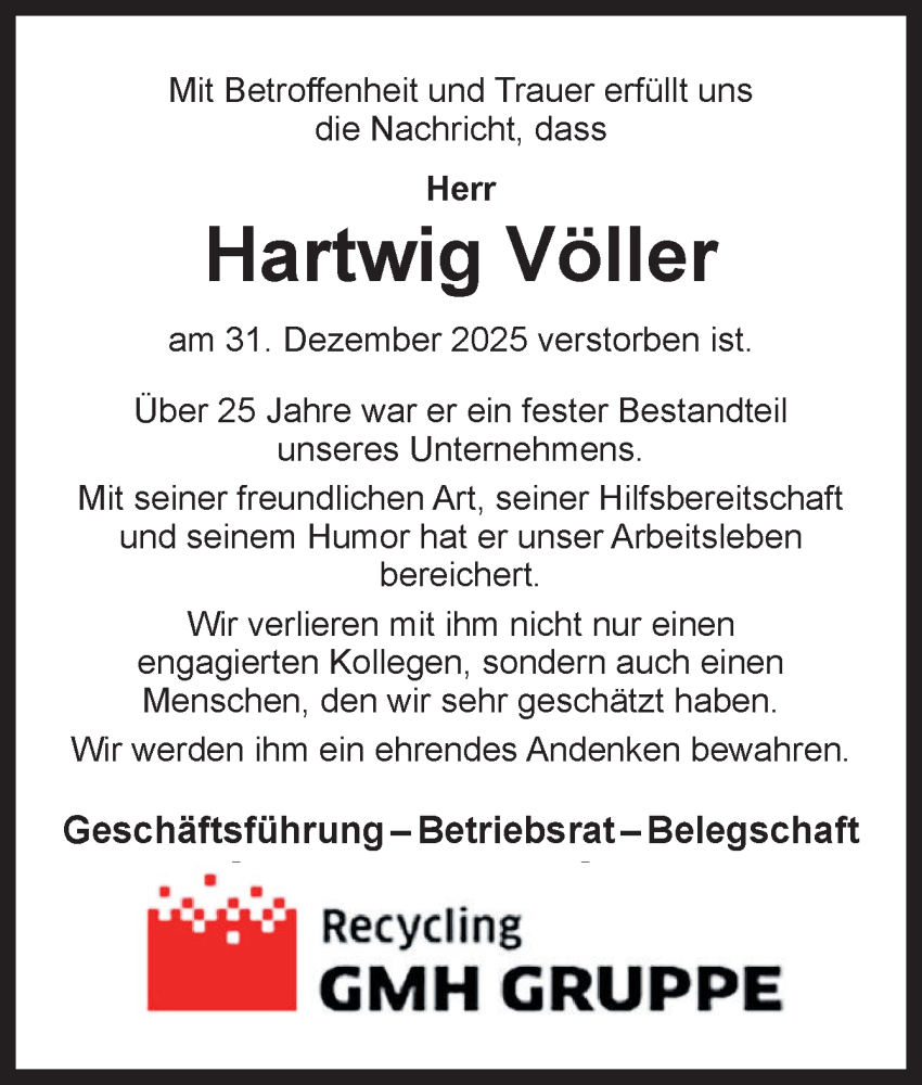  Traueranzeige für Hartwig Völler vom 10.01.2026 aus Neue Osnabrücker Zeitung GmbH & Co. KG