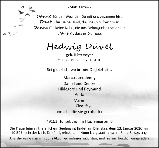 Traueranzeige von Hedwig Düvel von Neue Osnabrücker Zeitung GmbH & Co. KG