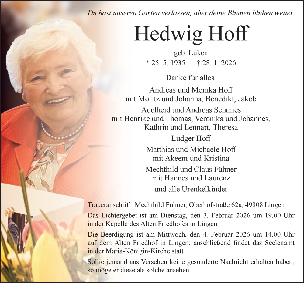  Traueranzeige für Hedwig Hoff vom 31.01.2026 aus Neue Osnabrücker Zeitung GmbH & Co. KG