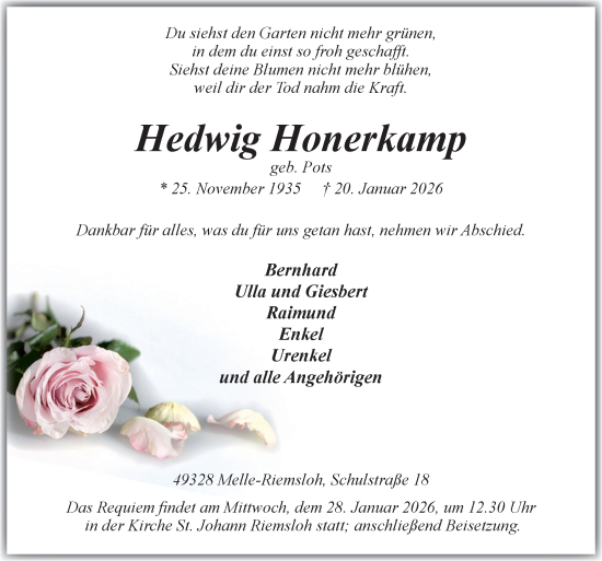 Traueranzeige von Hedwig Honerkamp von Neue Osnabrücker Zeitung GmbH & Co. KG