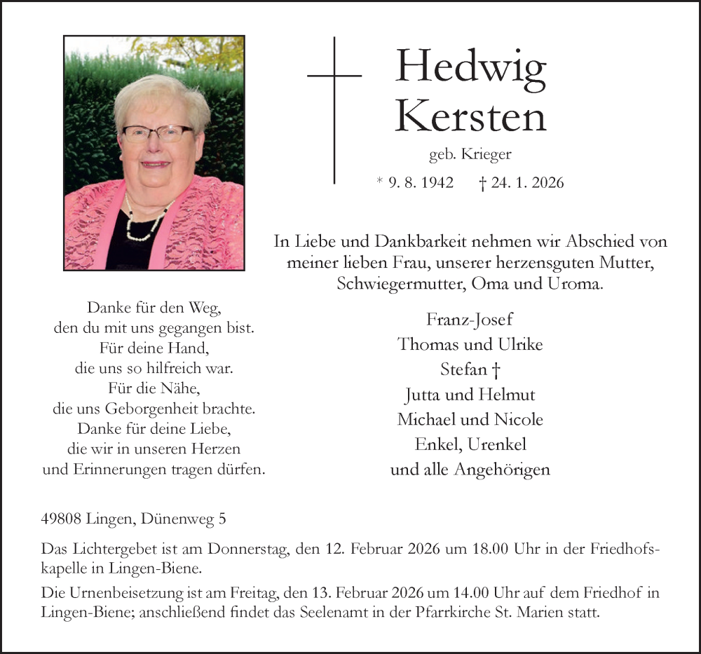  Traueranzeige für Hedwig Kersten vom 31.01.2026 aus Neue Osnabrücker Zeitung GmbH & Co. KG