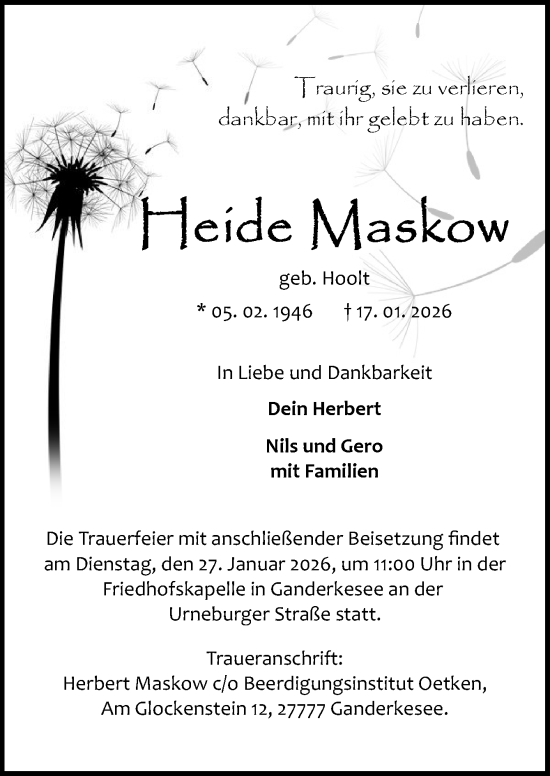 Traueranzeige von Heide Maskow von DK Medien GmbH &amp; Co. KG