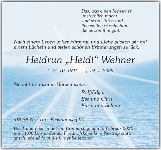 Traueranzeige von Heidrun Wehner von Neue Osnabrücker Zeitung GmbH & Co. KG