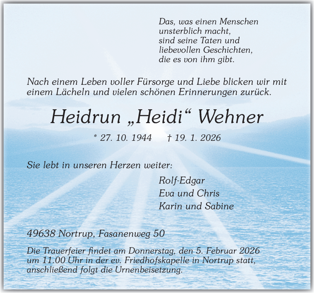 Traueranzeige für Heidrun Wehner vom 28.01.2026 aus Neue Osnabrücker Zeitung GmbH & Co. KG