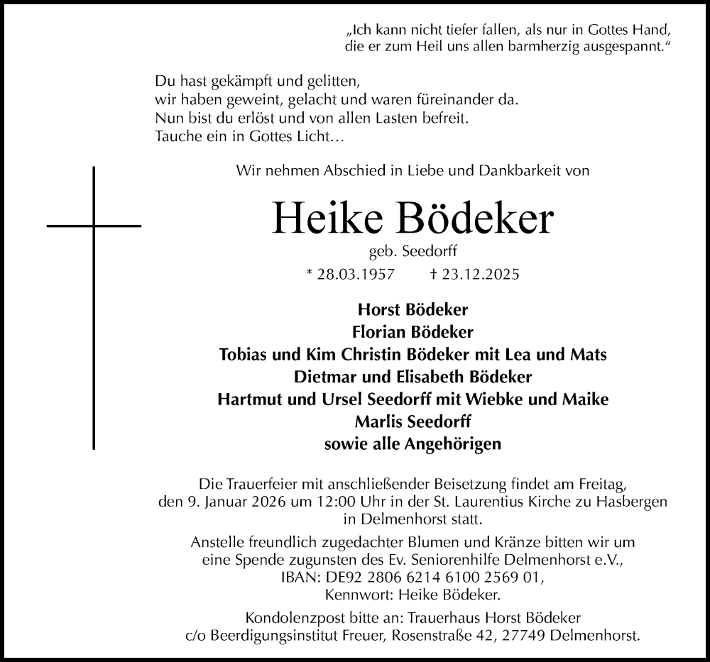  Traueranzeige für Heike Bödeker vom 03.01.2026 aus DK Medien GmbH & Co. KG