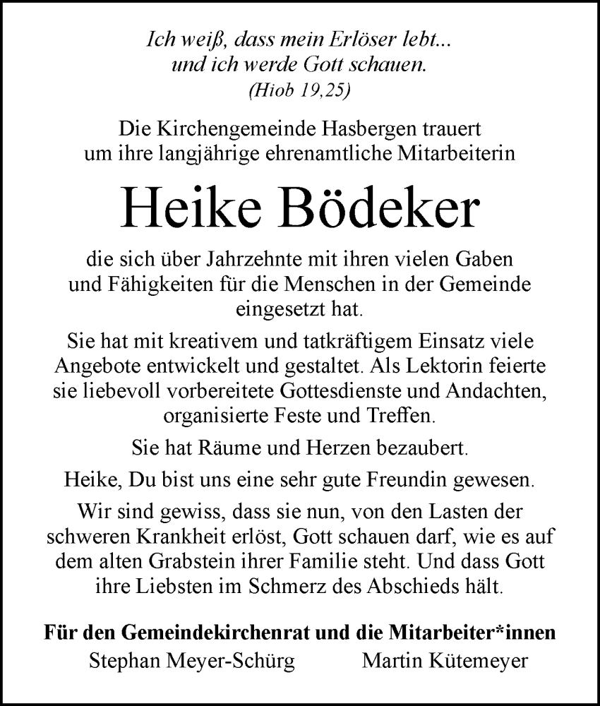  Traueranzeige für Heike Bödeker vom 10.01.2026 aus DK Medien GmbH & Co. KG