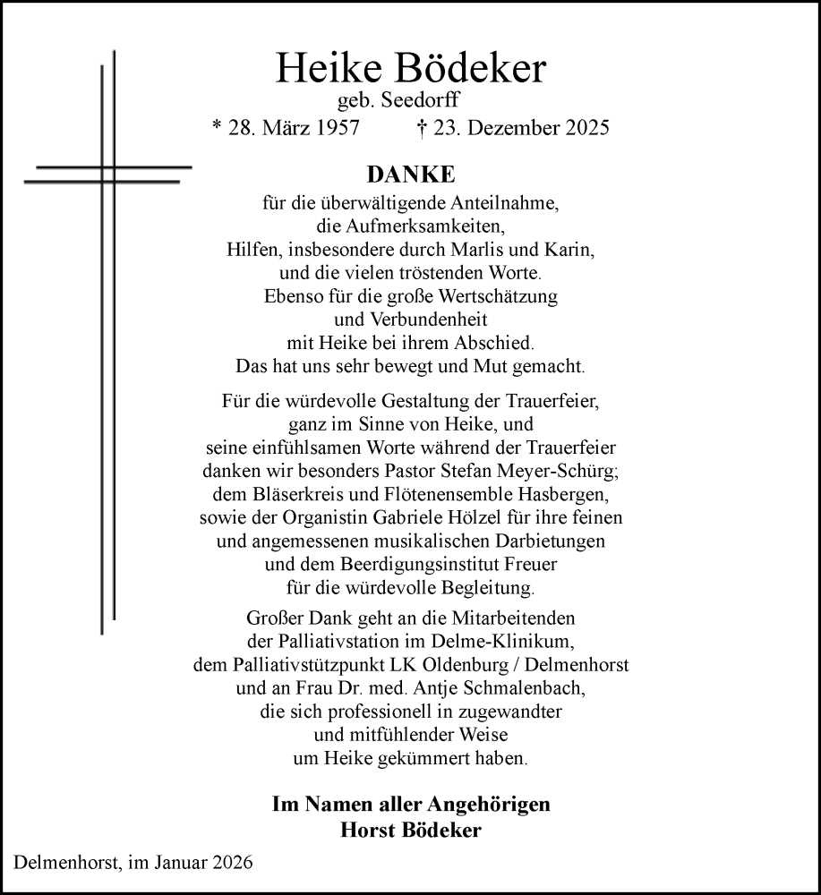  Traueranzeige für Heike Bödeker vom 31.01.2026 aus DK Medien GmbH & Co. KG