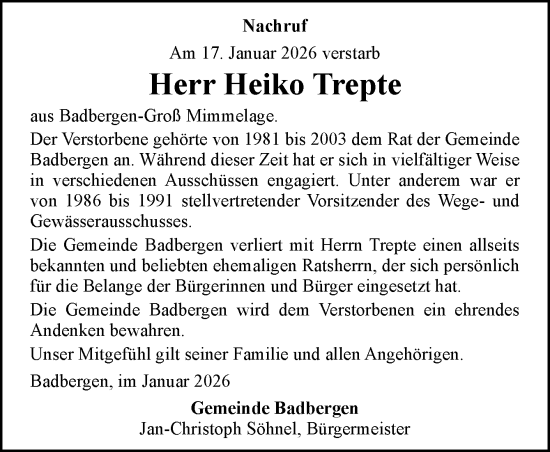Traueranzeige von Heiko Trepte von Neue Osnabrücker Zeitung GmbH & Co. KG