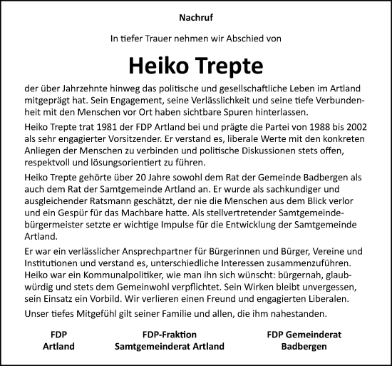 Traueranzeige von Heiko Trepte von Neue Osnabrücker Zeitung GmbH & Co. KG