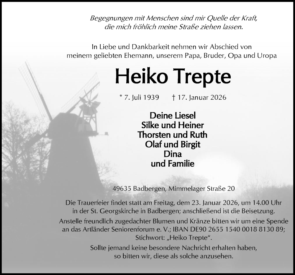  Traueranzeige für Heiko Trepte vom 20.01.2026 aus Neue Osnabrücker Zeitung GmbH & Co. KG