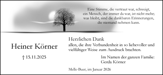Traueranzeige von Heiner Körner von Neue Osnabrücker Zeitung GmbH & Co. KG