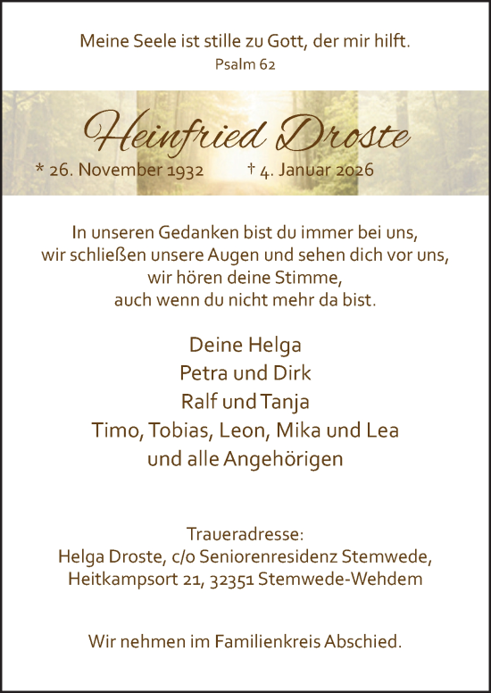 Traueranzeige von Heinfried Droste von Neue Osnabrücker Zeitung GmbH & Co. KG