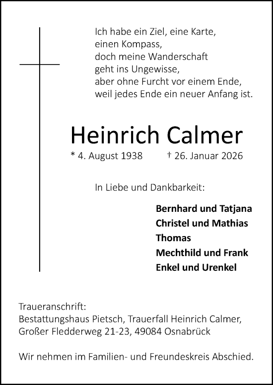 Traueranzeige von Heinrich Calmer von Neue Osnabrücker Zeitung GmbH & Co. KG