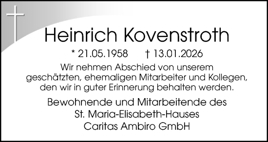 Traueranzeige von Heinrich Kovenstroth von Neue Osnabrücker Zeitung GmbH & Co. KG