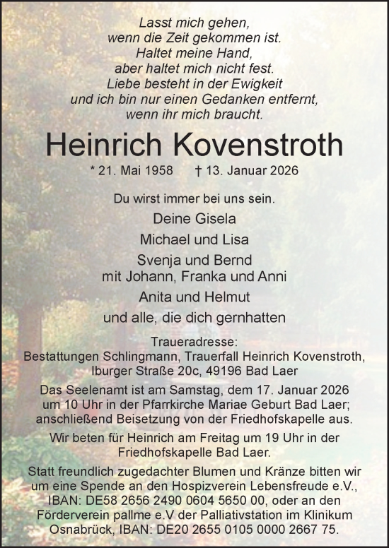 Traueranzeige von Heinrich Kovenstroth von Neue Osnabrücker Zeitung GmbH & Co. KG