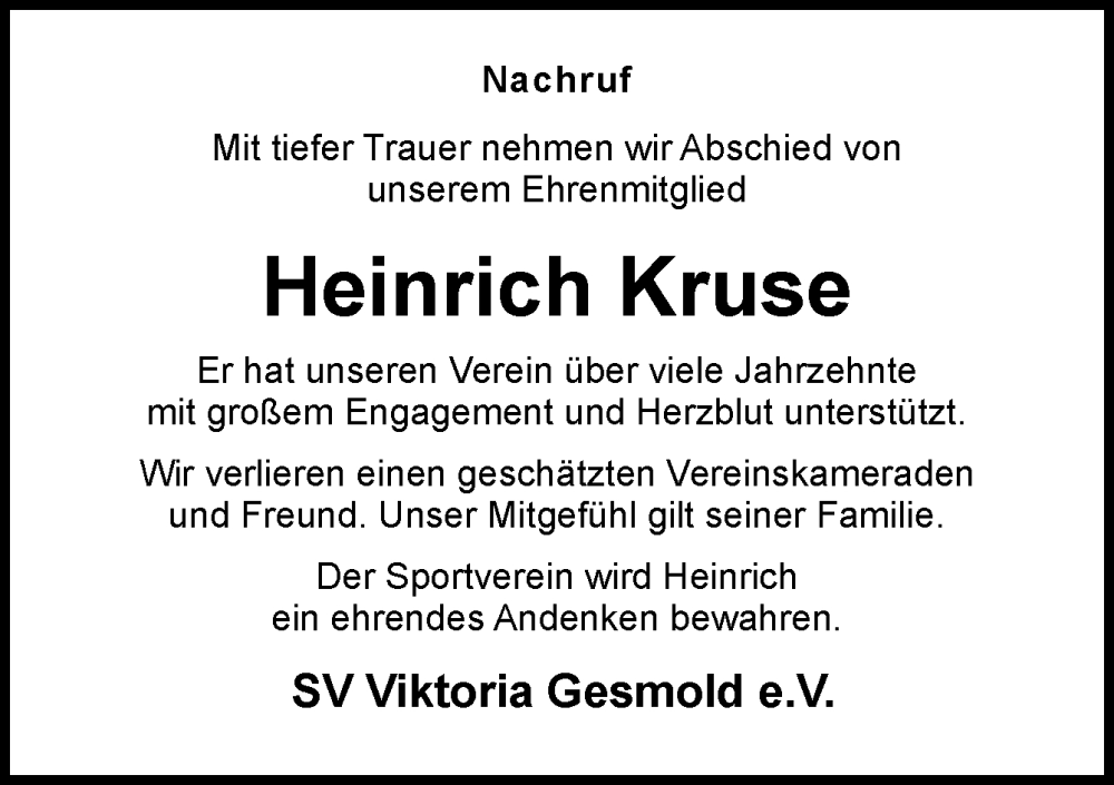  Traueranzeige für Heinrich Kruse vom 24.01.2026 aus Neue Osnabrücker Zeitung GmbH & Co. KG