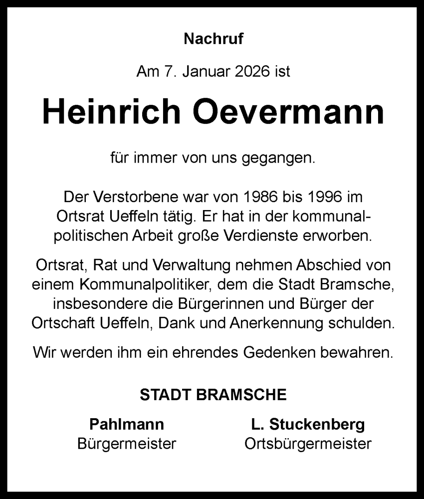  Traueranzeige für Heinrich Oevermann vom 16.01.2026 aus Neue Osnabrücker Zeitung GmbH & Co. KG