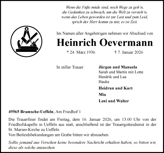 Traueranzeige von Heinrich Oevermann von Neue Osnabrücker Zeitung GmbH & Co. KG