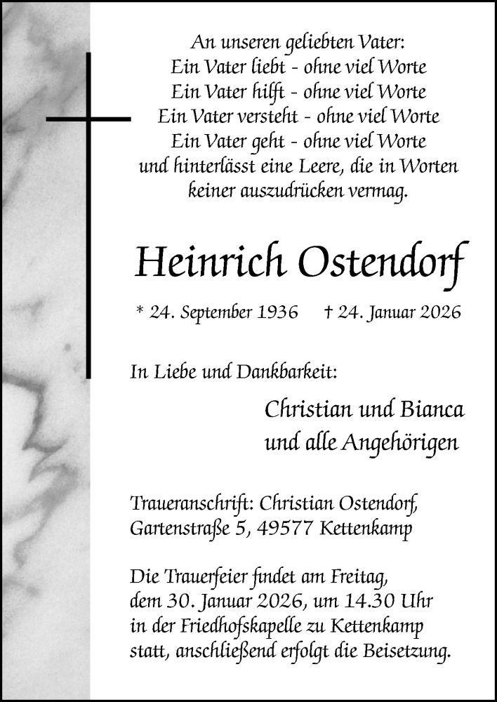  Traueranzeige für Heinrich Ostendorf vom 27.01.2026 aus Neue Osnabrücker Zeitung GmbH & Co. KG
