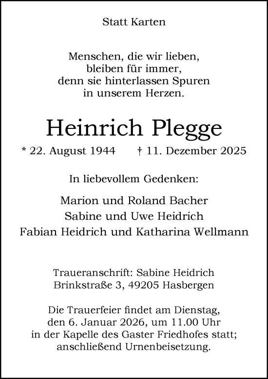 Traueranzeige von Heinrich Plegge von Neue Osnabrücker Zeitung GmbH & Co. KG