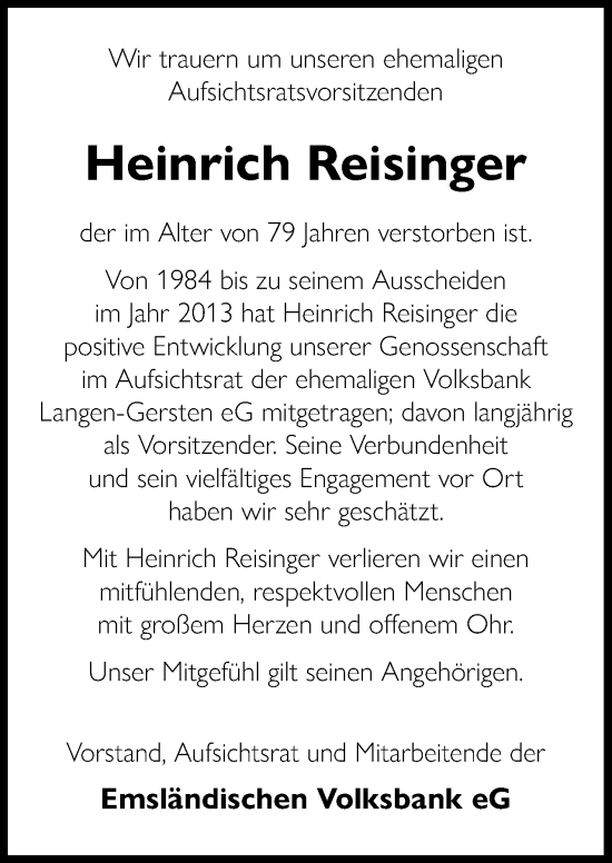 Traueranzeige von Heinrich Reisinger von Neue Osnabrücker Zeitung GmbH & Co. KG