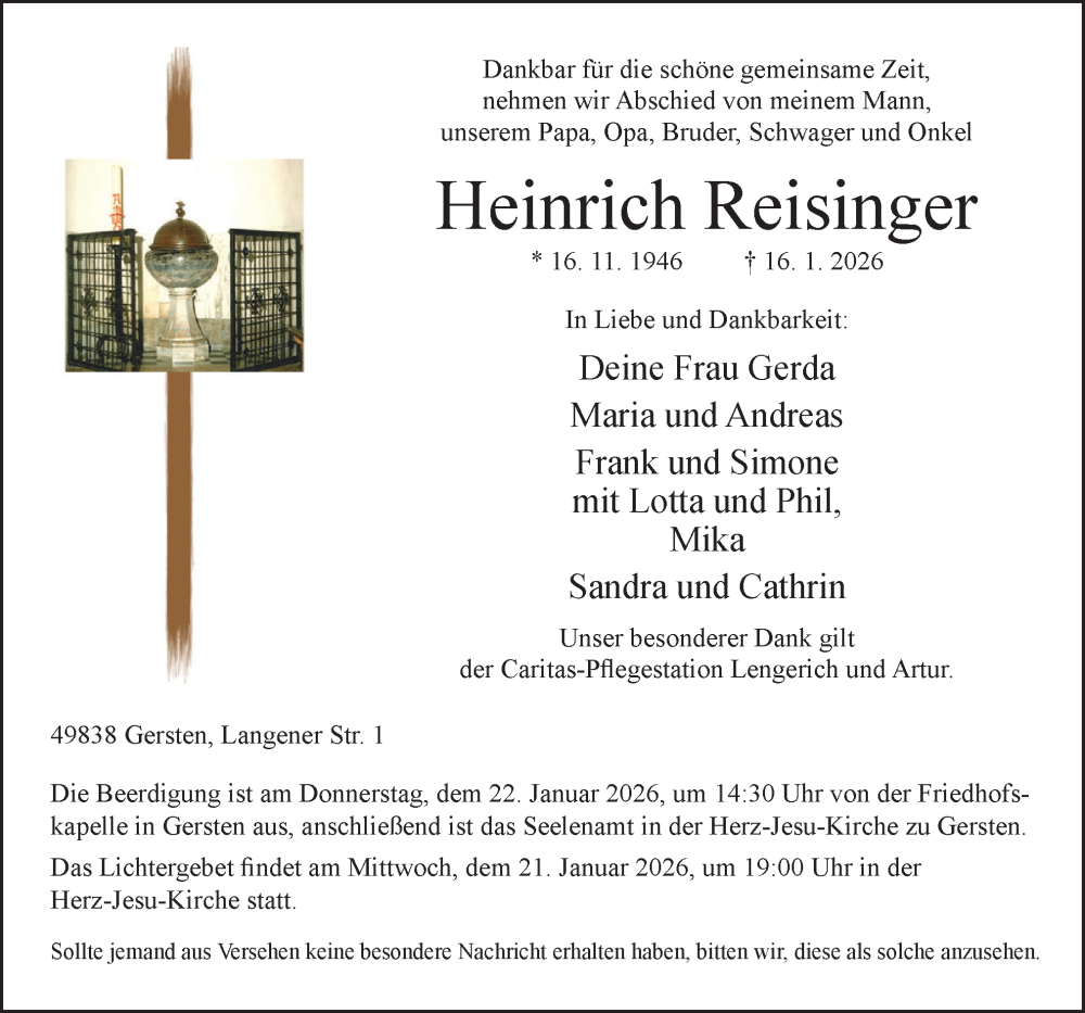  Traueranzeige für Heinrich Reisinger vom 19.01.2026 aus Neue Osnabrücker Zeitung GmbH & Co. KG