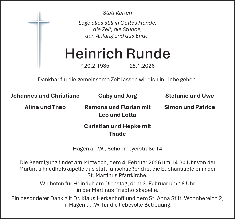  Traueranzeige für Heinrich Runde vom 31.01.2026 aus Neue Osnabrücker Zeitung GmbH & Co. KG
