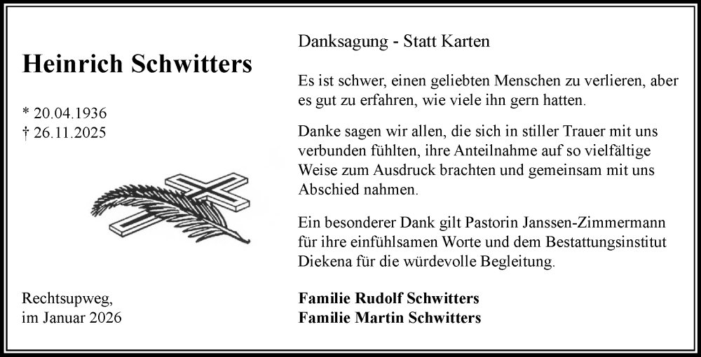  Traueranzeige für Heinrich Schwitters vom 17.01.2026 aus Ostfriesischer Kurier GmbH