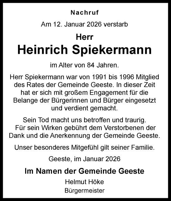 Traueranzeige von Heinrich Spiekermann von Neue Osnabrücker Zeitung GmbH & Co. KG