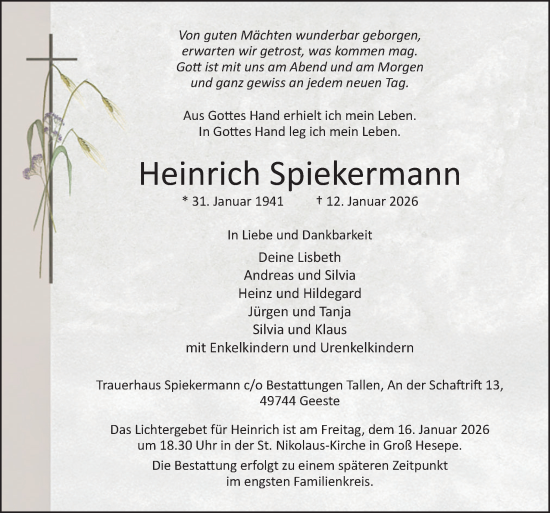 Traueranzeige von Heinrich Spiekermann von Neue Osnabrücker Zeitung GmbH & Co. KG