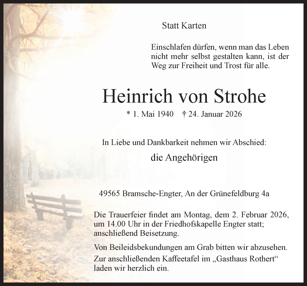  Traueranzeige für Heinrich von Strohe vom 28.01.2026 aus Neue Osnabrücker Zeitung GmbH & Co. KG