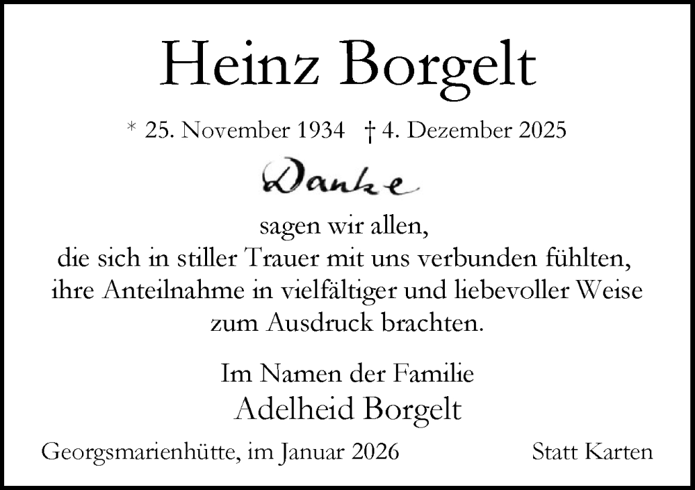  Traueranzeige für Heinz Borgelt vom 17.01.2026 aus Neue Osnabrücker Zeitung GmbH & Co. KG