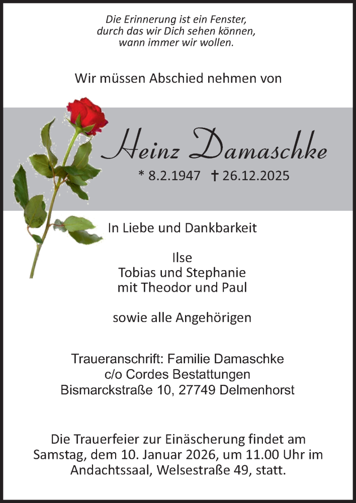  Traueranzeige für Heinz Damaschke vom 03.01.2026 aus DK Medien GmbH & Co. KG