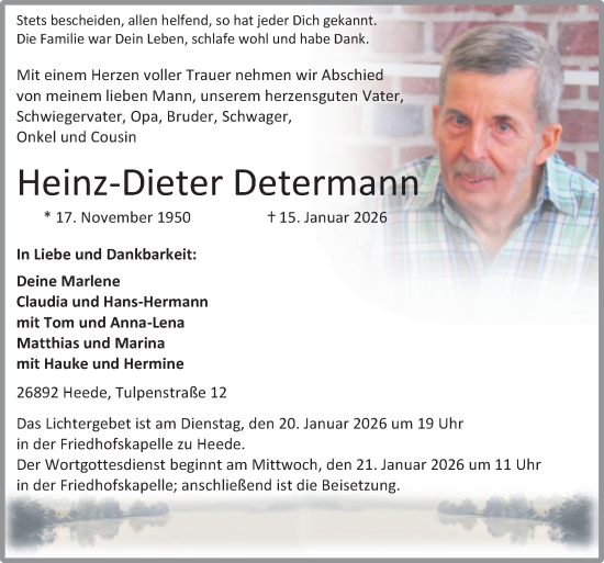 Traueranzeige von Heinz-Dieter Determann von Neue Osnabrücker Zeitung GmbH & Co. KG
