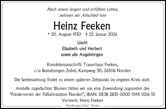 Traueranzeige von Heinz Feeken von Ostfriesischer Kurier / Norderneyer Badezeitung