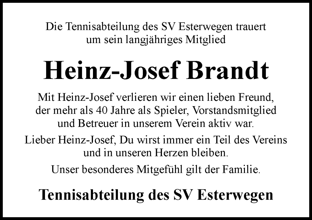  Traueranzeige für Heinz-Josef Brandt vom 27.01.2026 aus Neue Osnabrücker Zeitung GmbH & Co. KG