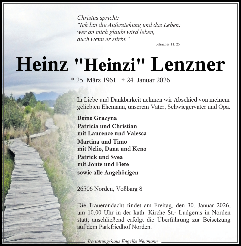  Traueranzeige für Heinz Lenzner vom 28.01.2026 aus Ostfriesischer Kurier GmbH