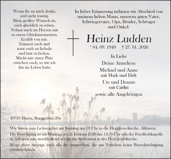 Traueranzeige von Heinz Ludden von Neue Osnabrücker Zeitung GmbH & Co. KG