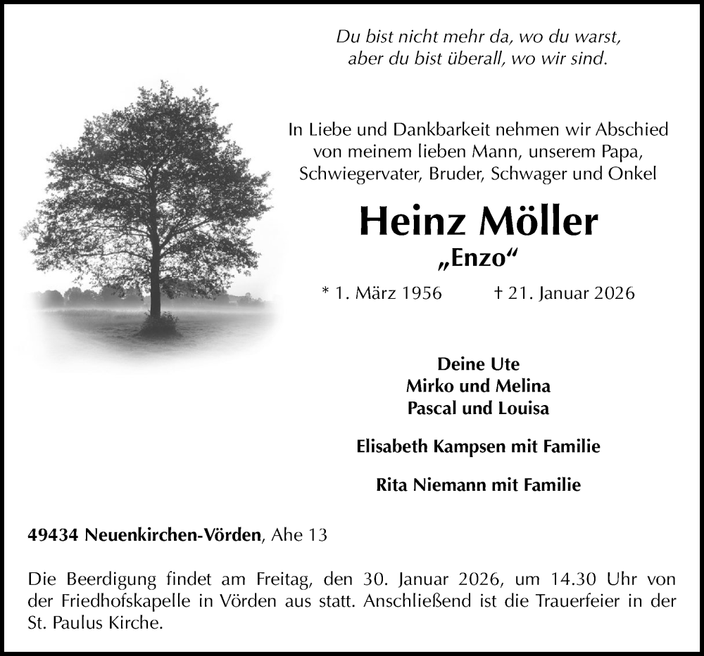  Traueranzeige für Heinz Möller vom 26.01.2026 aus Neue Osnabrücker Zeitung GmbH & Co. KG