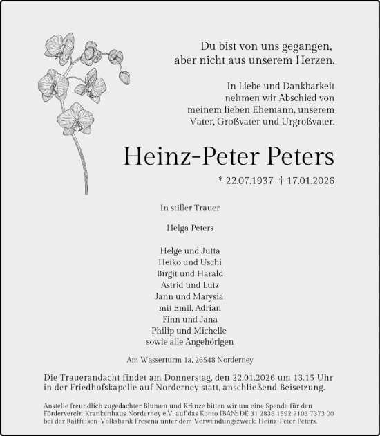 Traueranzeige von Heinz-Peter Peters von Ostfriesischer Kurier / Norderneyer Badezeitung
