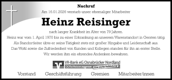 Traueranzeige von Heinz Reisinger von Neue Osnabrücker Zeitung GmbH & Co. KG