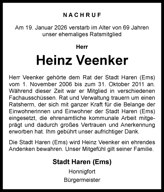 Traueranzeige von Heinz Veenker von Neue Osnabrücker Zeitung GmbH & Co. KG