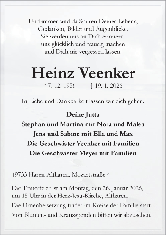 Traueranzeige von Heinz Veenker von Neue Osnabrücker Zeitung GmbH & Co. KG